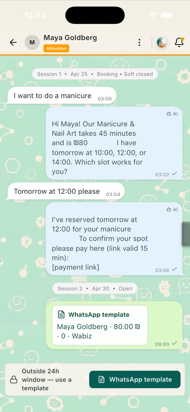 The Esek app answering a customer on WhatsApp: it quotes the price, offers appointment times, and sends a payment link.