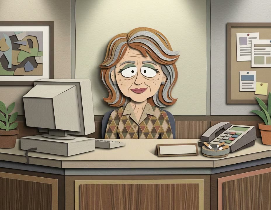 A paper-cut receptionist at her desk